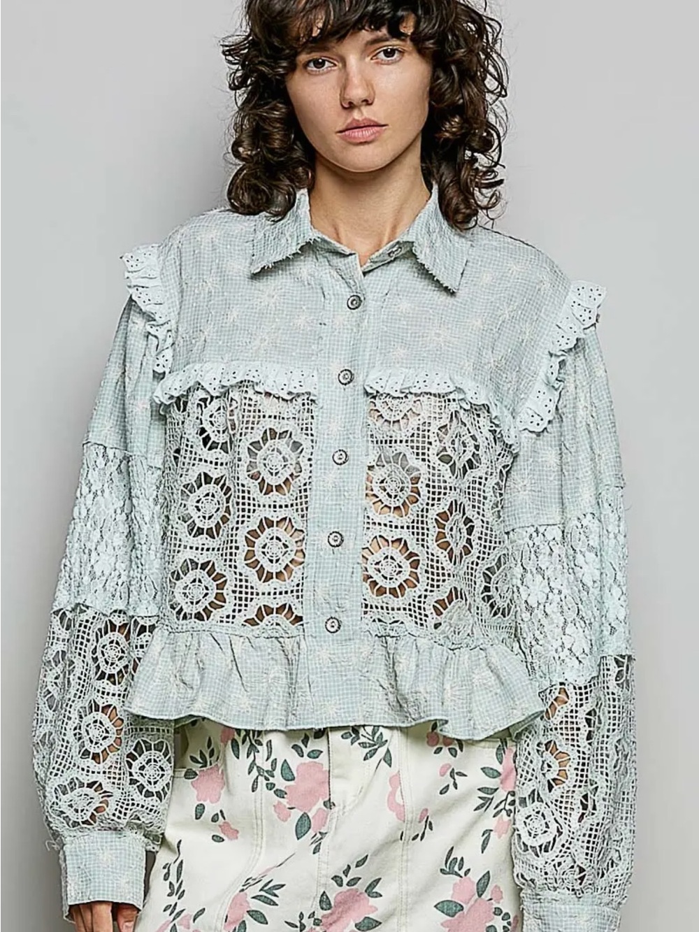 POL Pale Blue Crochet-Panel Ruffle Button Blouse - Picture 1 of 3